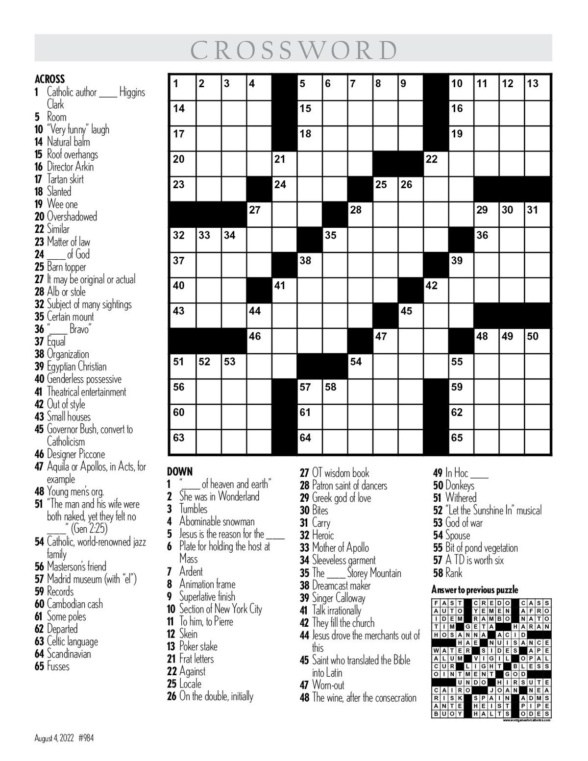 Crossword  August 4, 2022  Northwest Catholic Read Catholic News